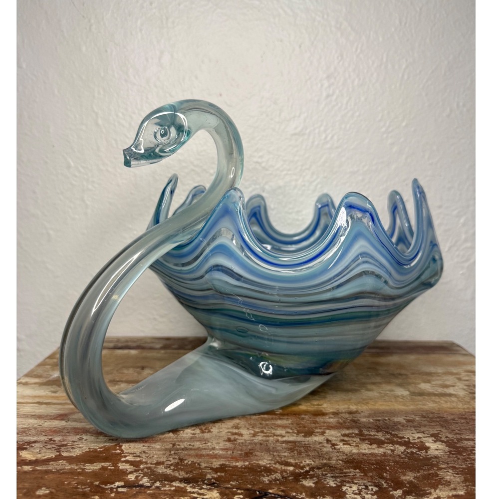 Vintage Murano Style Large Hand Blown Glass Swan Dish Blue White MCM